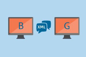 Illustratie van twee computers met B ('buisiness') en G ('government') op het scherm die communiceren via XML.