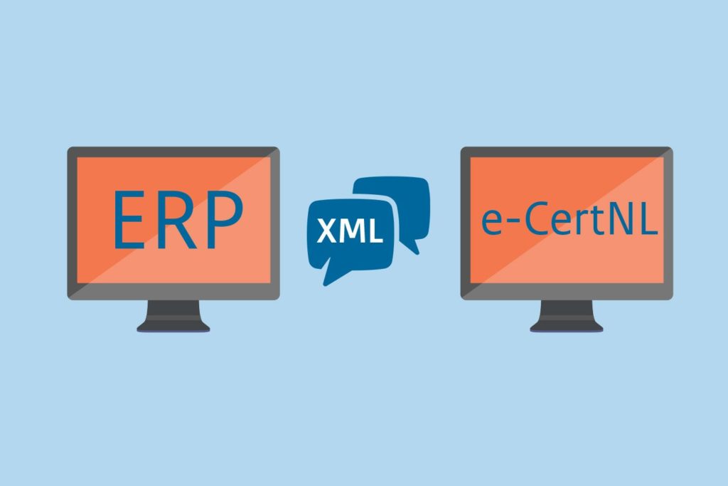 Illustratie van twee computers met ERP ('Bedrijfsprocessyteem') en e-CertNL op het scherm die communiceren via XML.