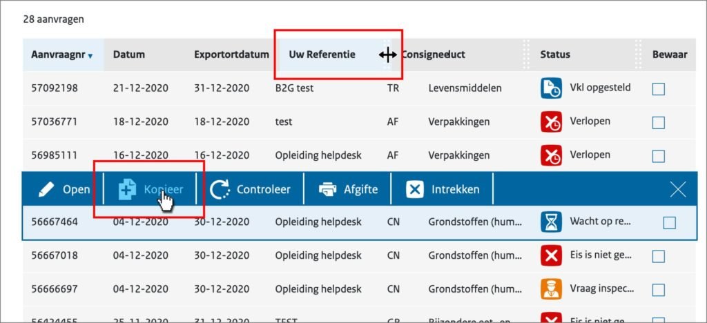 Schermvoorbeeld van tabel met zoekresultaten, accenten op verschuifbare kolomekop en knop 'Kopieer' in taakbalk.