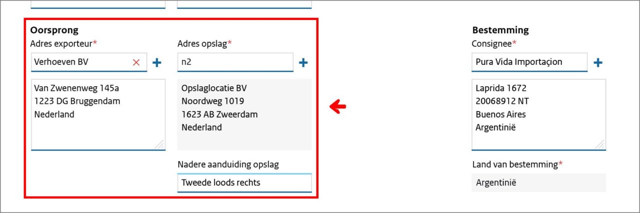 Schermvoorbeeld van de locatie van de oorsprong, opslag- en/of inspectieslocatie op het scherm.