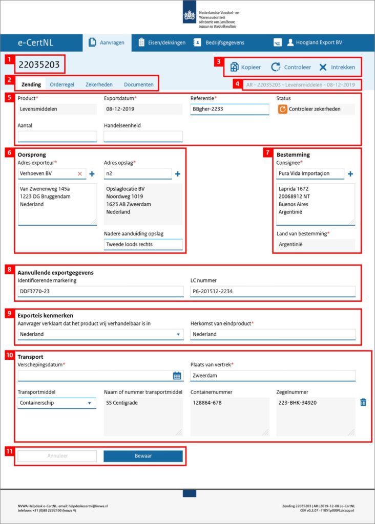 Schermvoorbeeld van de tab 'Zending' waarin de verschillende onderdelen zijn uitgelicht (worden hieronder toegelicht).
