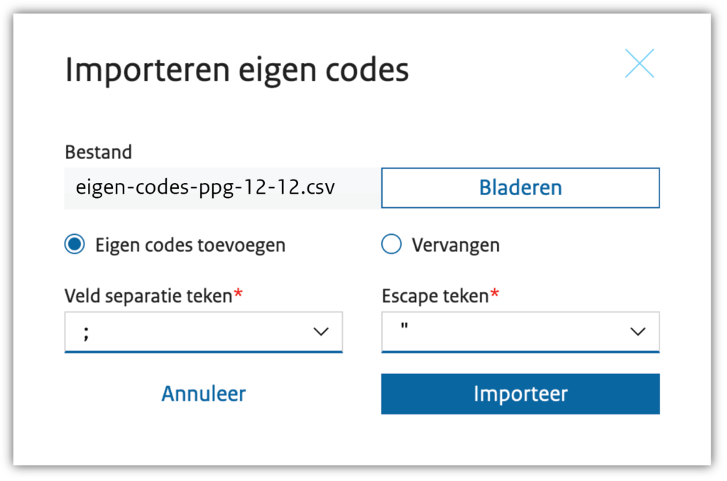 Schermvoorbeeld van pop-up scherm om eigen codes te importeren.