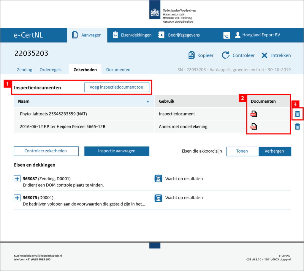 Schermvoorbeeld van het blok Inspectiedocumenten binnen het onderdeel Zekerheden.