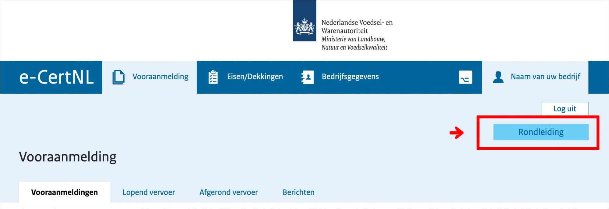 Schermvoorbeeld met opengeklapt menu voor toegang tot de rondleiding.