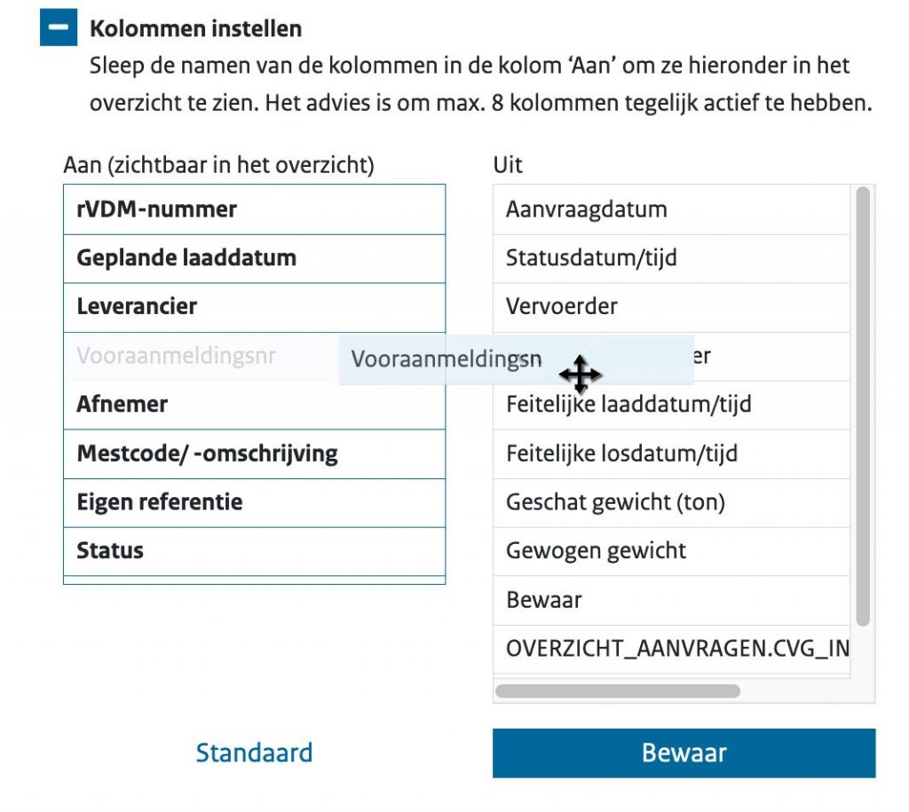 Schermafdruk met voorbeeld van het aan en uitzetten van kolommen in het overzicht.