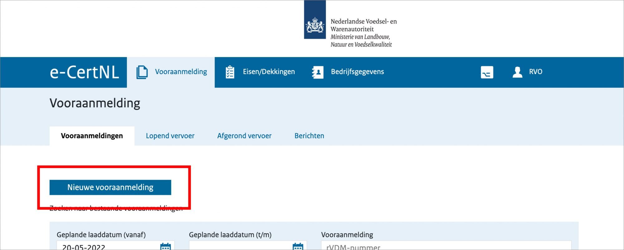 Schermvoorbeeld van de startpagina van rVDM in e-CertNL, met accent op de knop Nieuwe vooraanmelding.
