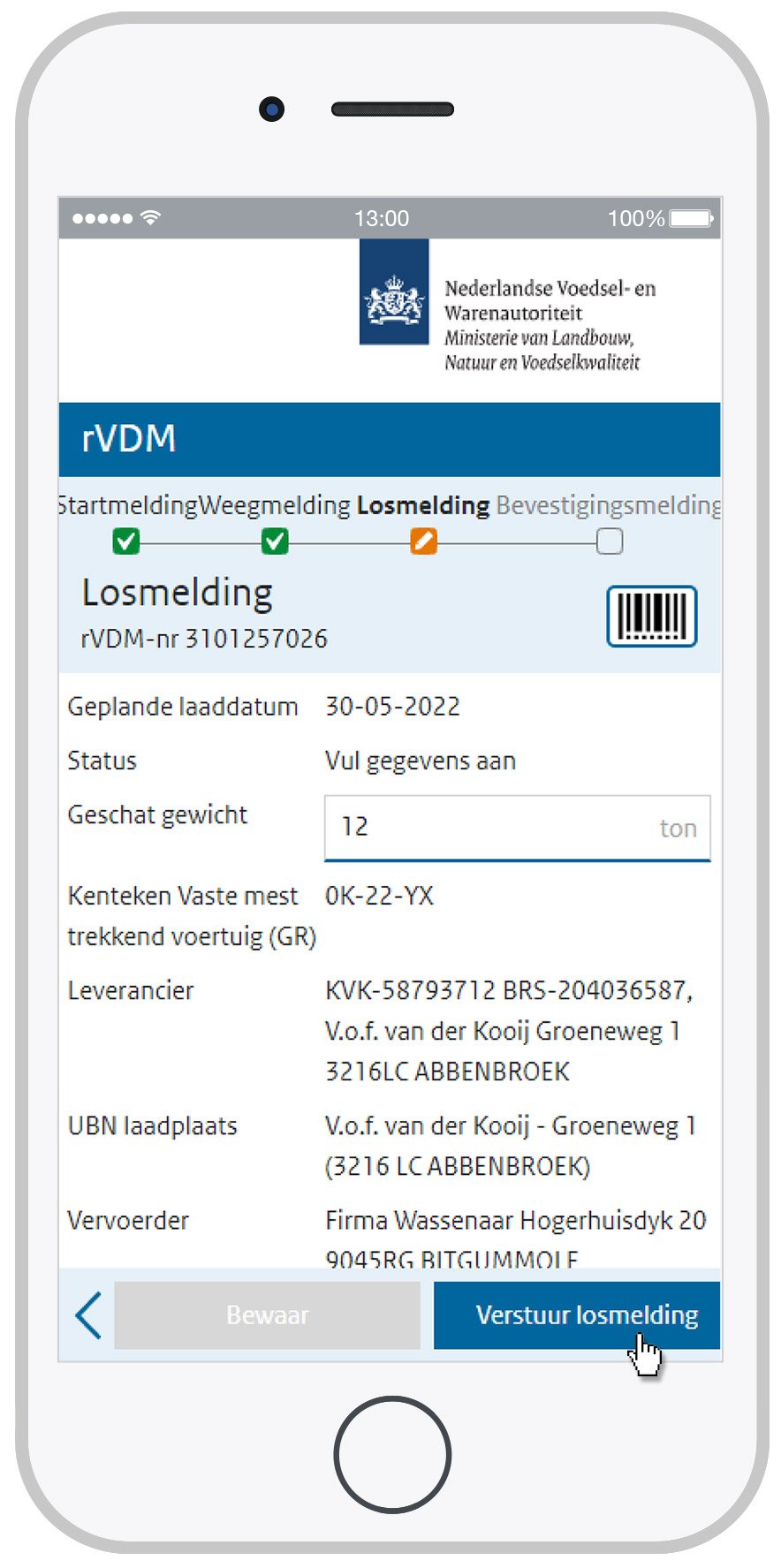 Schermafbeelding van het versturen van een losmelding via rVDM-app.