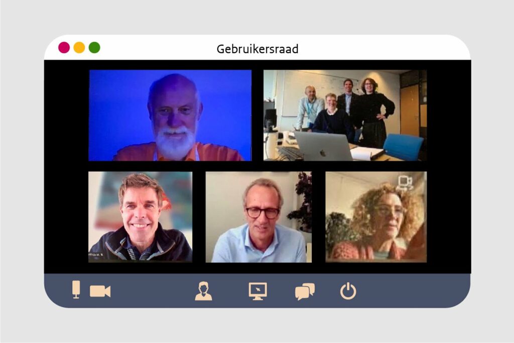 Illustratie van online vergadering met portretten van de deelnemers