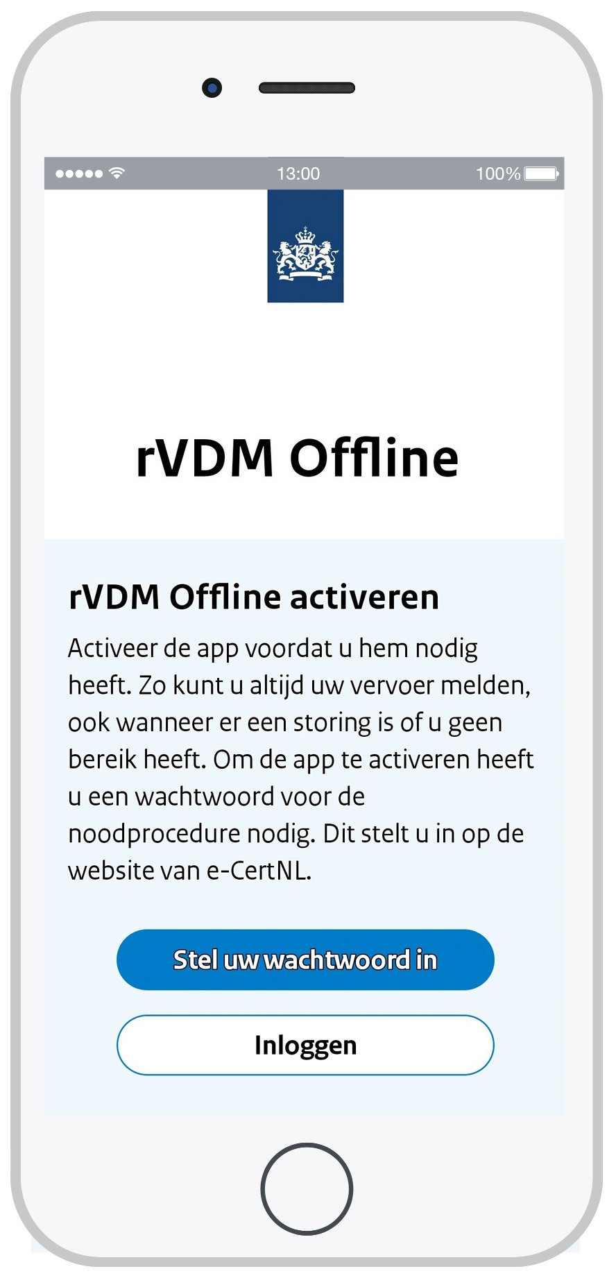 Schermafdruk van het startscherm van de rVDM Offline app.