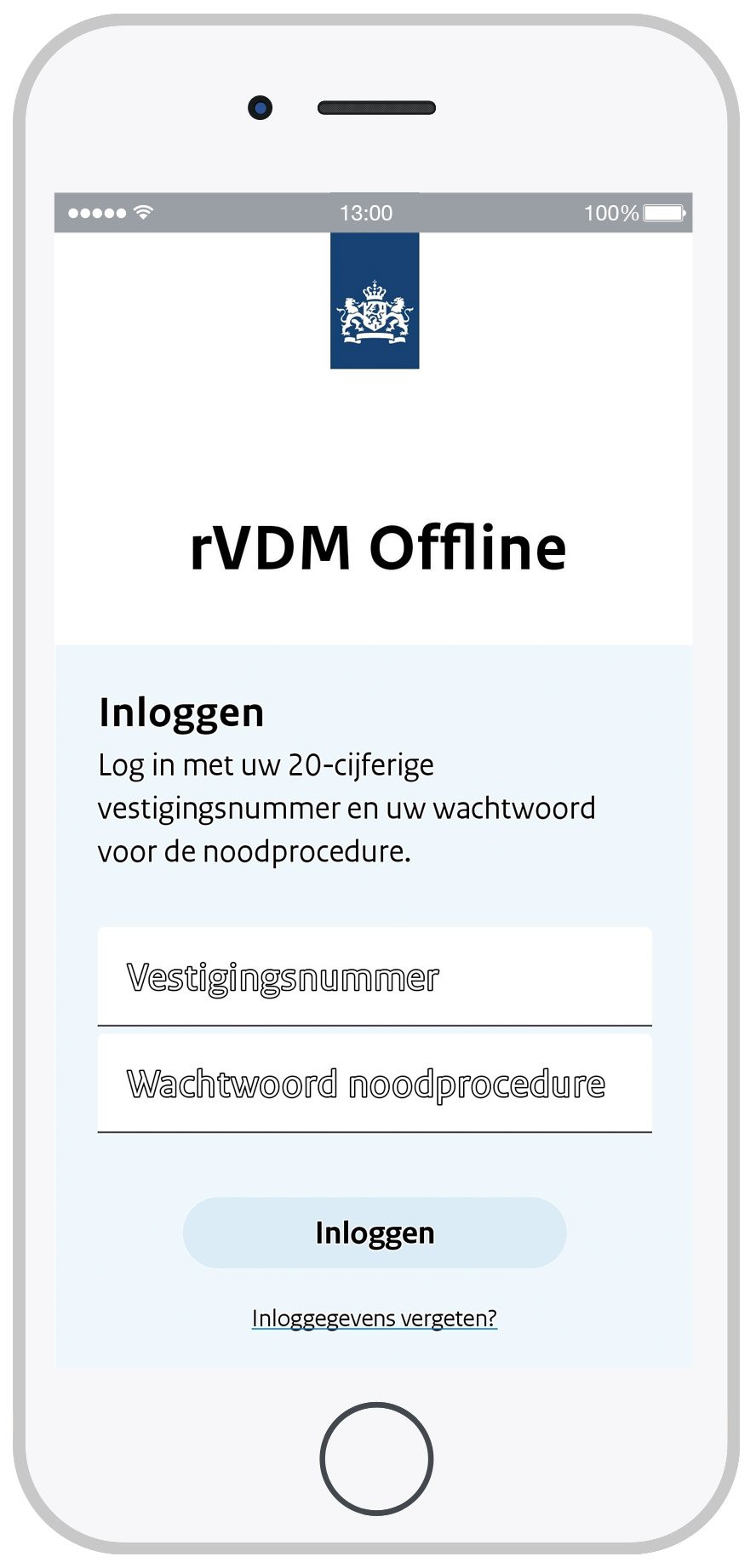 Schermafdruk van het inlogscherm van de rVDM Offline app.