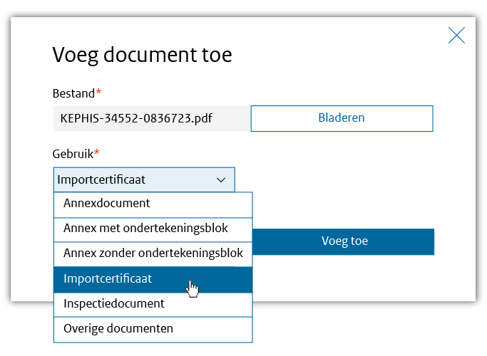 Schermvoorbeeld van de pop-up om documenten toe te voegen.