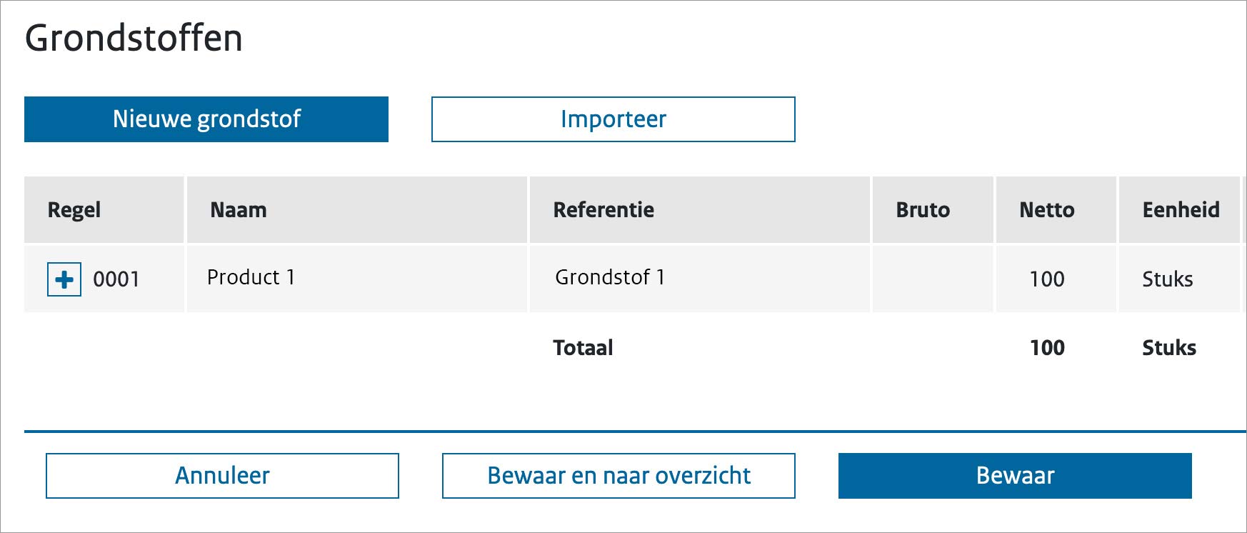 Schermafbeelding van de knoppenbalk en grondstoffentabel