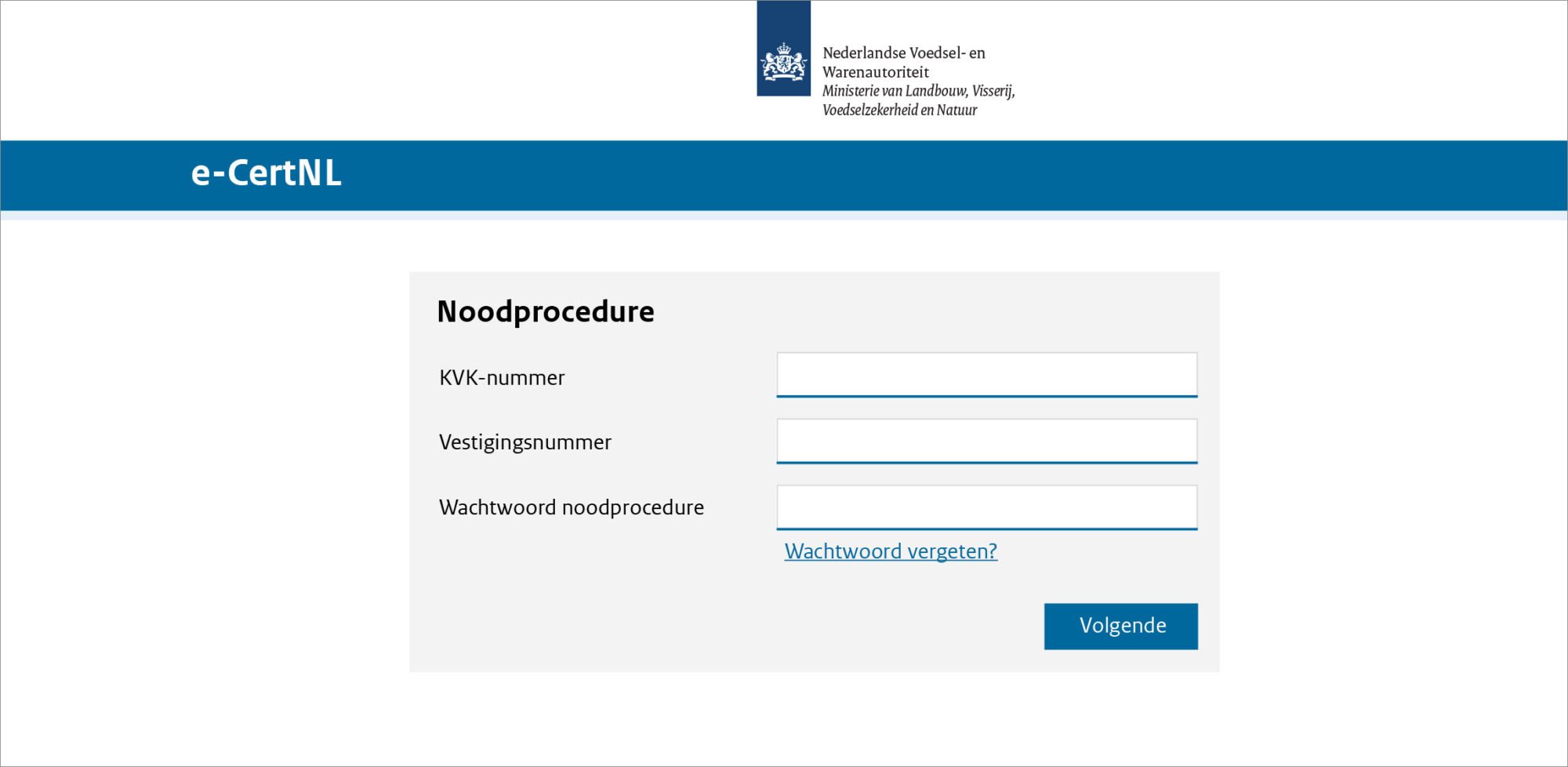 Scherm met invulvelden voor de noodprocedure zoals hierboven benoemd.