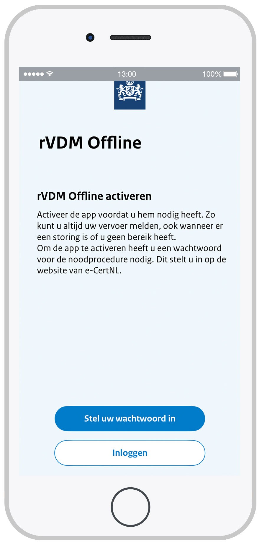 Schermafdruk van het startscherm van de rVDM Offline app.