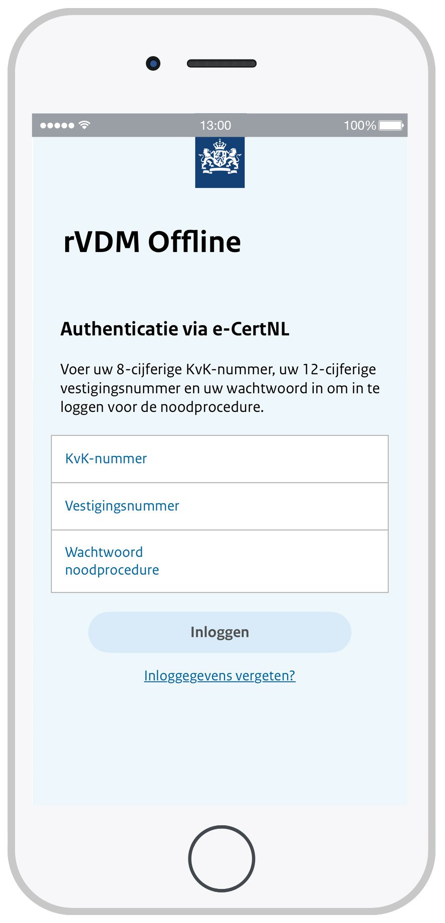 Schermafdruk van het inlogscherm van de rVDM Offline app.