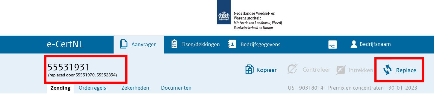 Schermafdruk met accenten waar de nummers staan van de vervangen aanvraag en de knop om een nieuwe replacement aan te vragen.