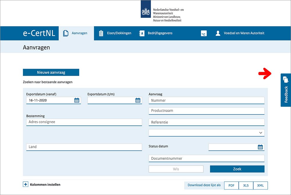 Screenshot van de applicatie met accent op de Feeback-knop