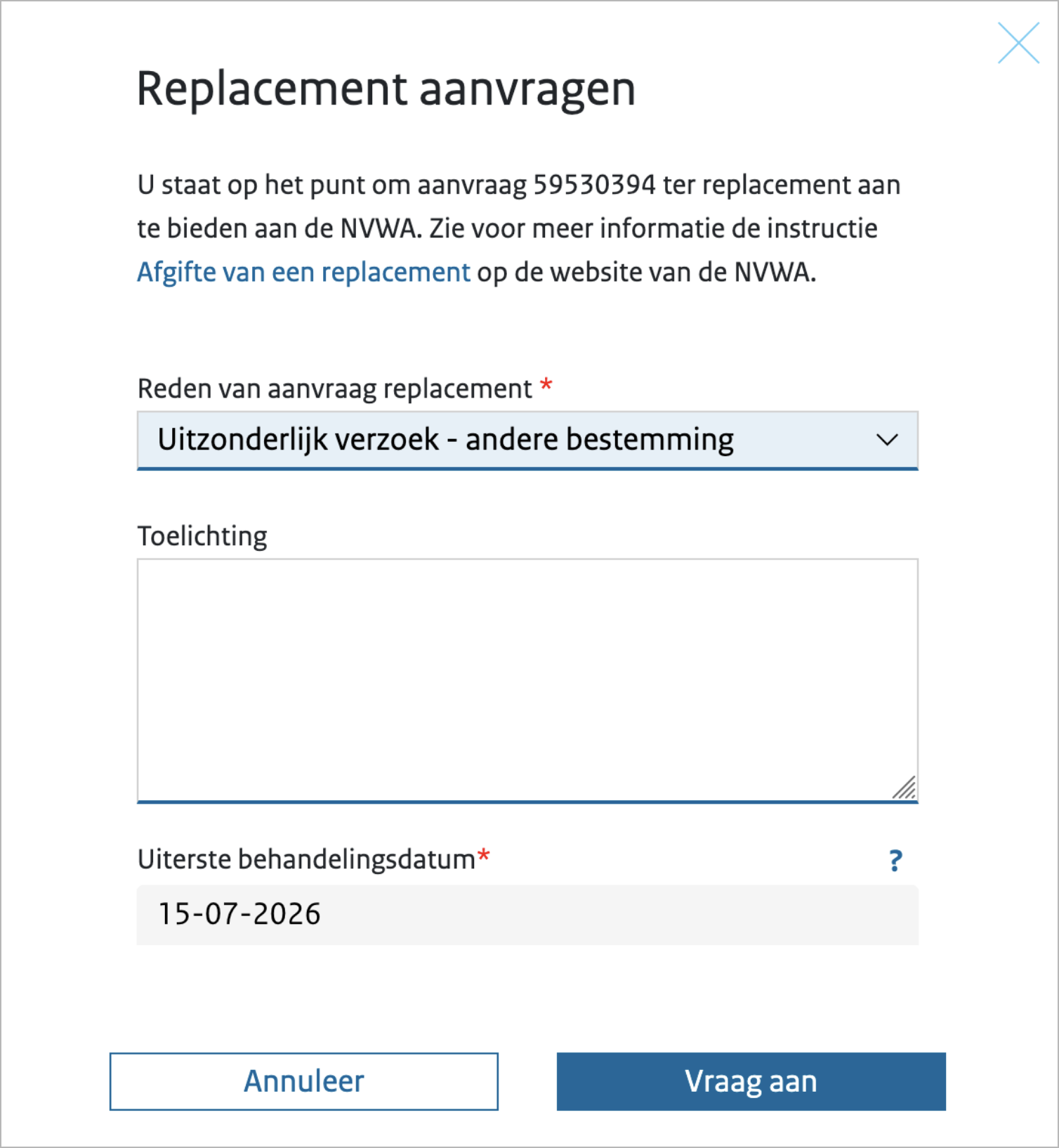 Schermvoorbeeld van de pop-up bij het aanvragen van een replacement.