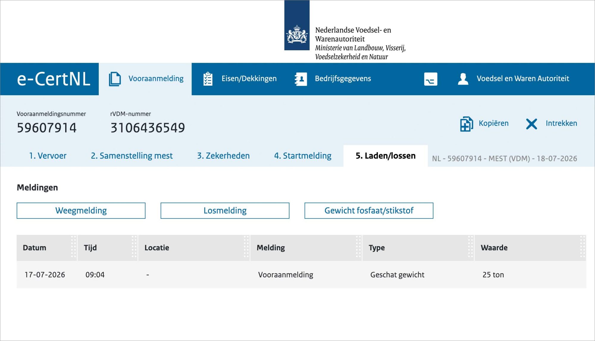Schermafdruk van het tabblad Laden en Lossen.