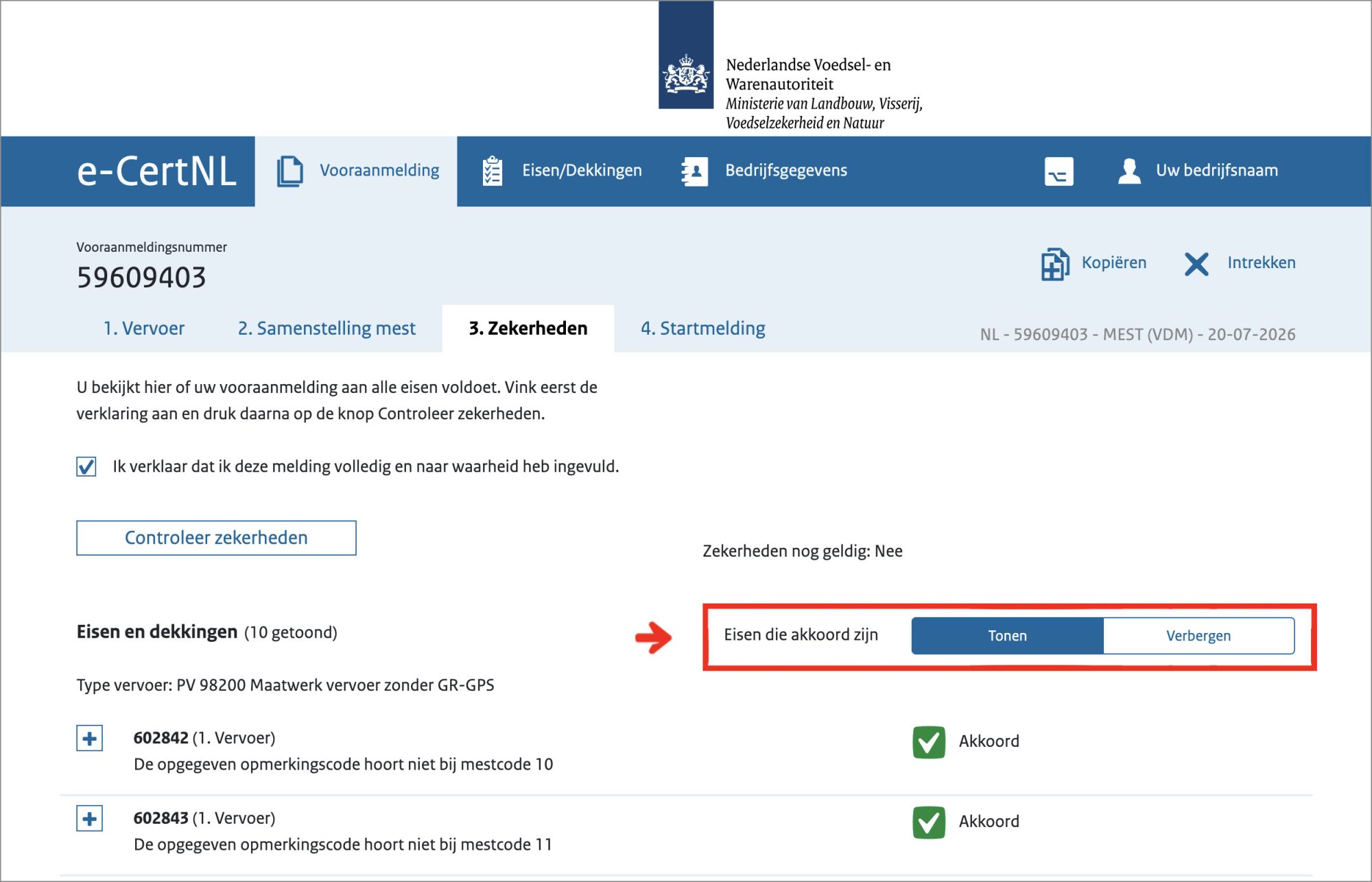 Schermvoorbeeld van de tab Zekerheden.