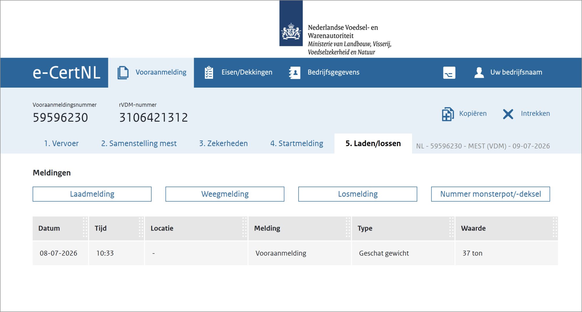 Schermvoorbeeld van het tabblad 5. laden/lossen.