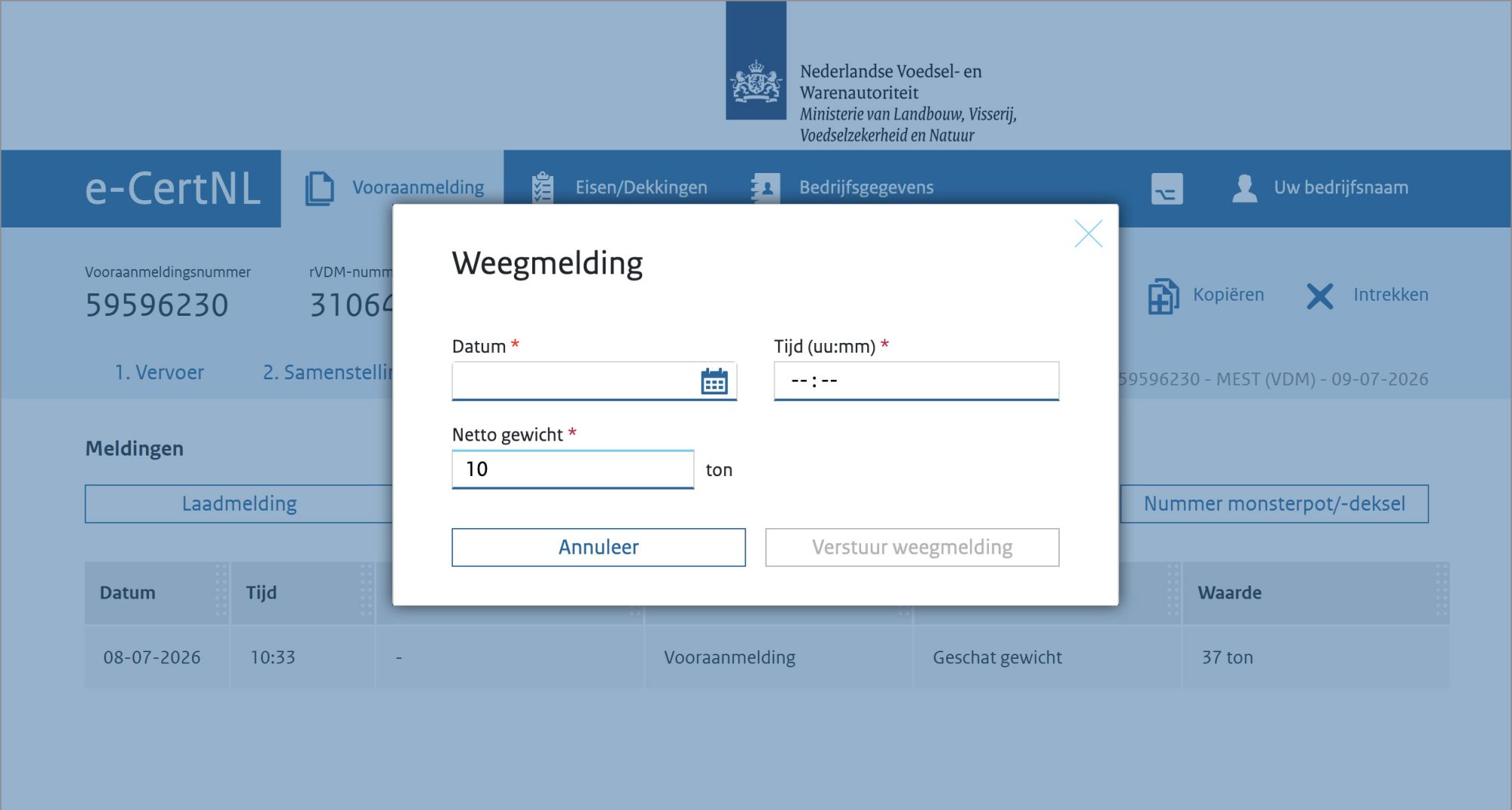 Schermvoorbeeld van de pop-up bij het doorgeven van een weegmelding.
