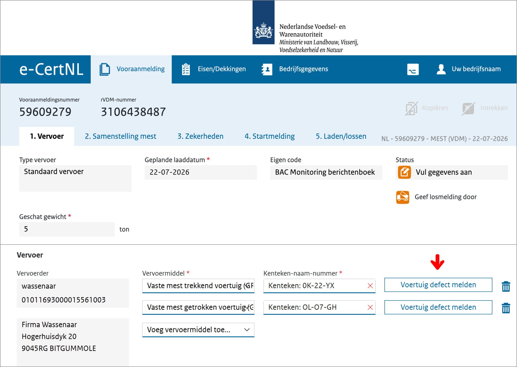 Schermvoorbeeld van geopend vervoer, tab Vervoer.