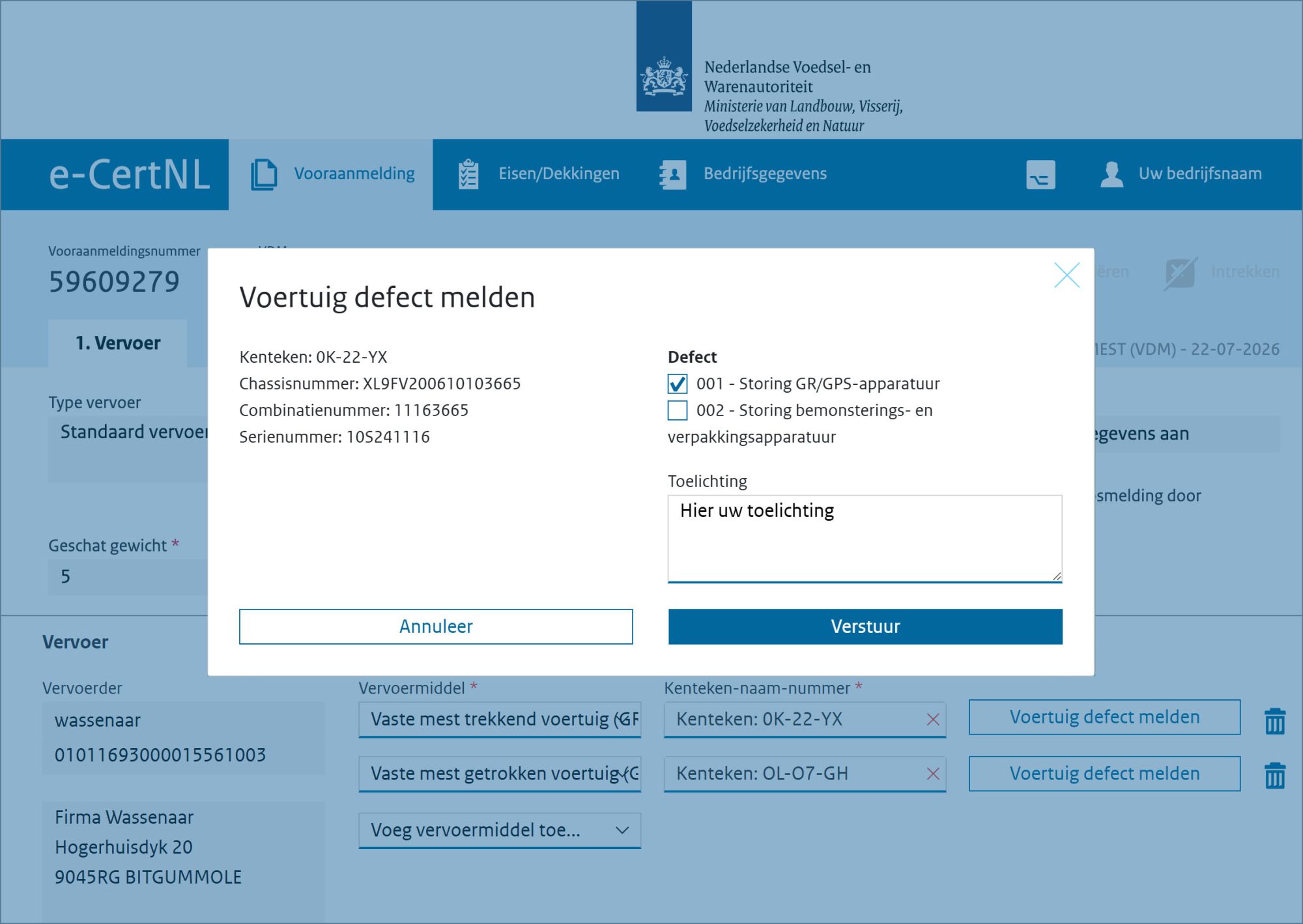 Schermafdruk van het venster om een voertuig defect te melden.