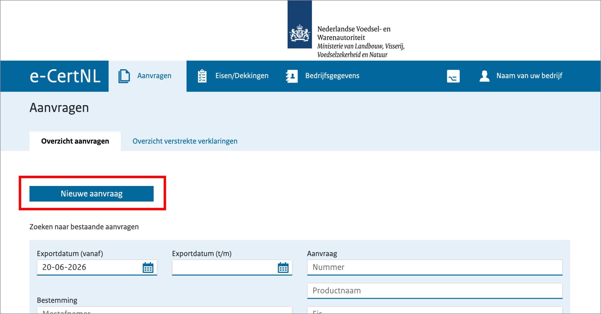 Schermafdruk van het overzicht aanvragen