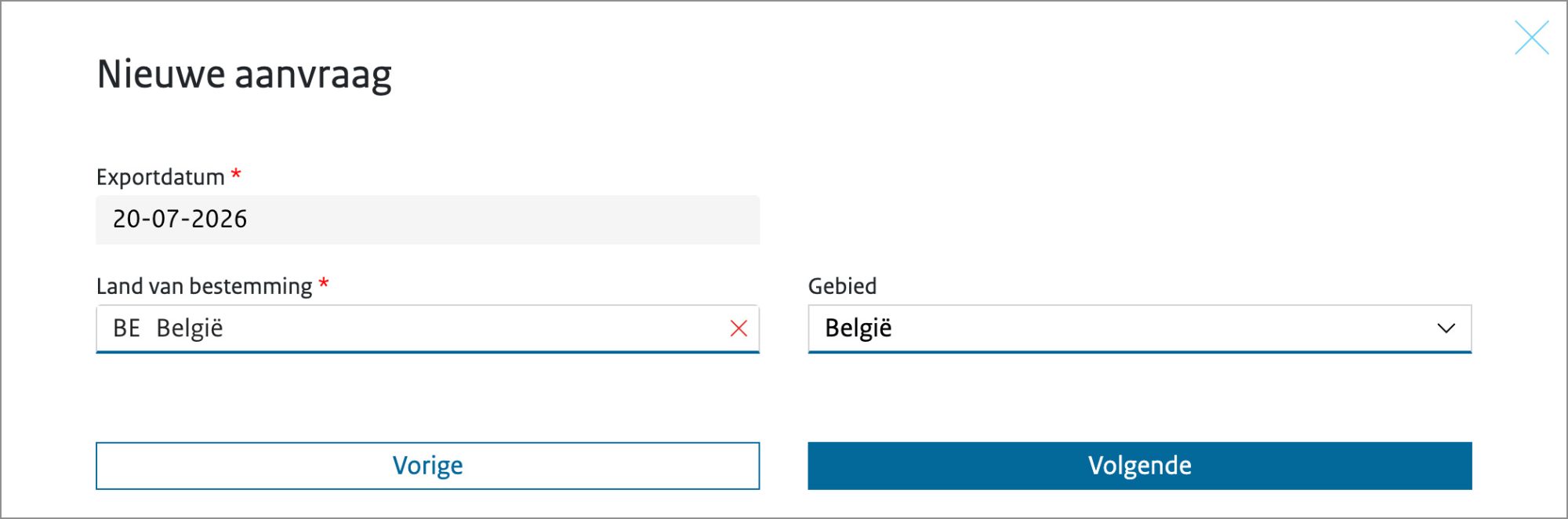 Schermvoorbeeld van het venster voor het invullen van het land van bestemming.