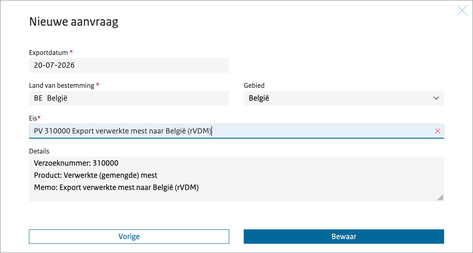 Schermvoorbeeld van het venster voor het invullen van het kiezen van een eis.
