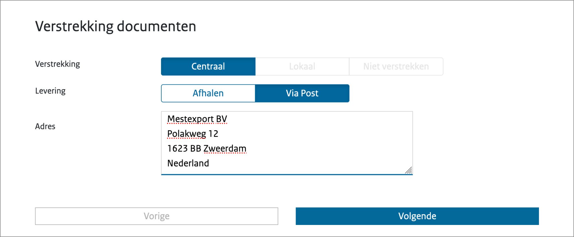 Schermvoorbeeld van het venster voor het invullen van het kiezen van de wijze van verstrekking.