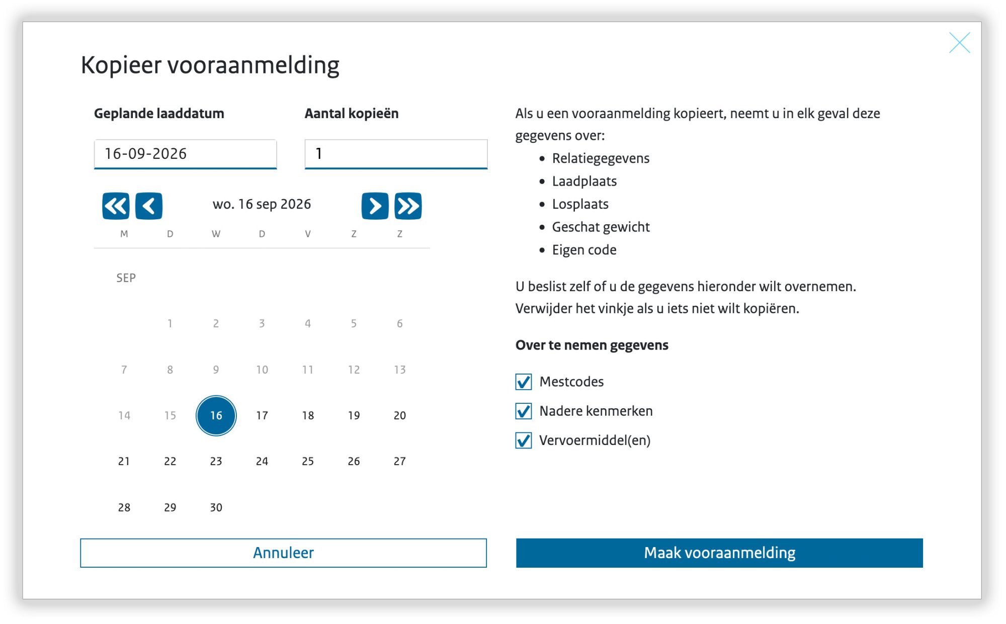 Schermvoorbeeld van pop-up voor het kiezen van over te nemen gegevens.
